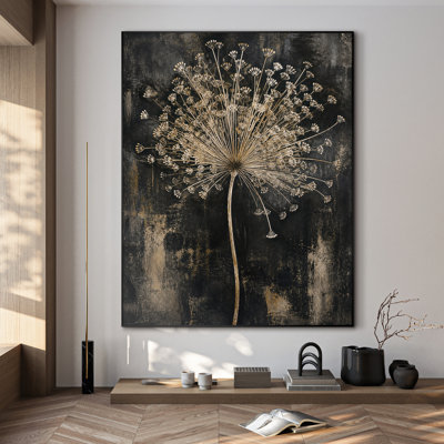 Très grande reproduction d'art sur tissu - Tête de pissenlit minimaliste en or sur fond abstrait foncé pour décoration de salon ou de chambre à coucher - «Assemblage requis du cadre (cadre non fini)»