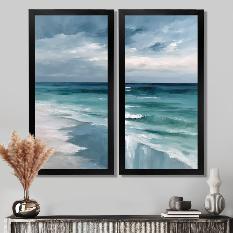 «Coastal Waves» dans des tons bleus et blancs - art mural côtier, impression sur toile 2 pièces, Reproduction encadrée, Noir