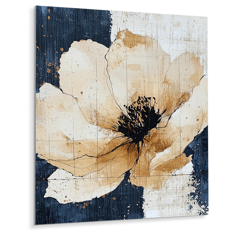 Pivoine bleue minimaliste I - décoration murale florale en métal, impression pivoine, H 20 po x l 12 po x P 0,84 po