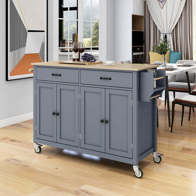 Kitchen Island Cart With Solid Wood Top And Locking Wheels,54.3 Inch Width,4 Door Cabinet And Two Drawers,Spice Rack, Towel Rack (Grey Blue)