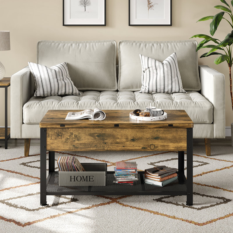 Table basse à plateau relevable multifonctionnel 3 en 1 avec rangement caché Dionysia, Brun rustique