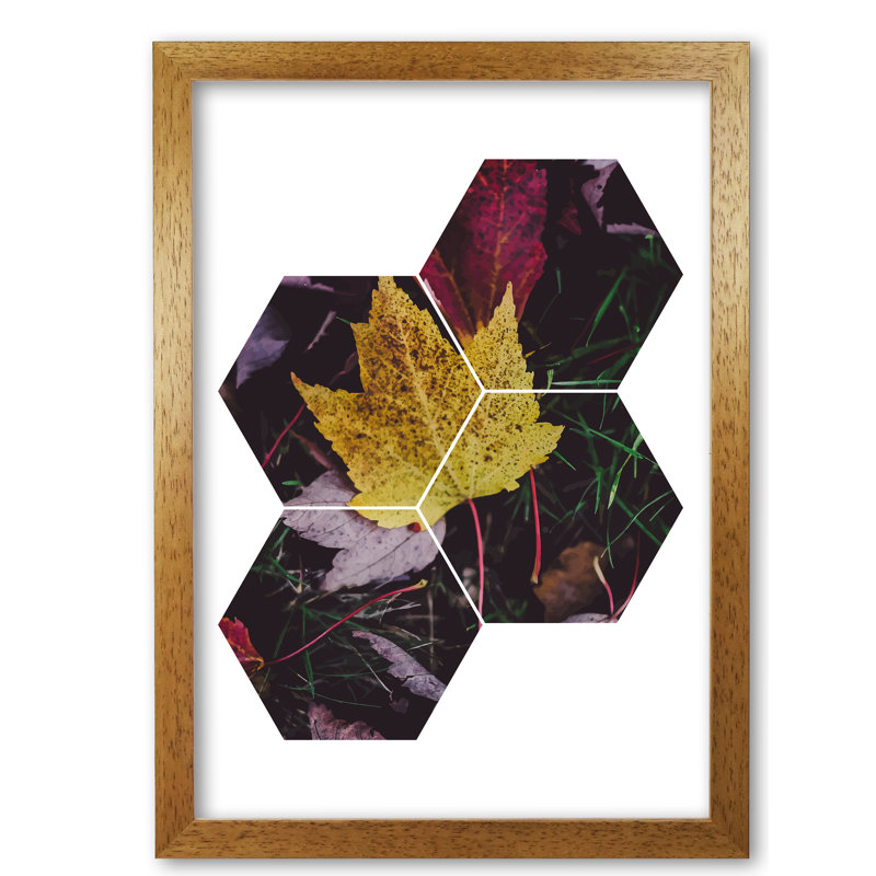 Leaf And Grass Abstract Hexagons - Single Picture Frame Print, Honey Oak Frame, 42 cm H x 30 cm W x 5 cm D