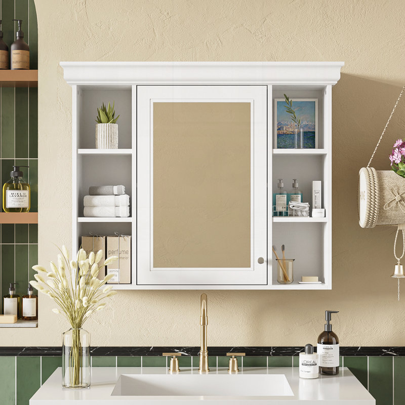 Armoire de rangement murale 35 po x 28 po avec porte miroir, Blanc