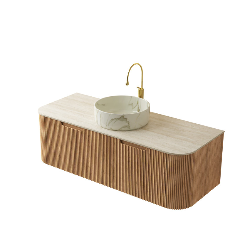 Dina 48" Bathroom Vanity&Sink, Floating Curved Edges Striped Cabinet With 2 Drawers, Round Ceramic Basin With Stone Pattern&Travertine-Pattern Sintered Stone Top, Pre-Assembled, Natura Woodgrain Color