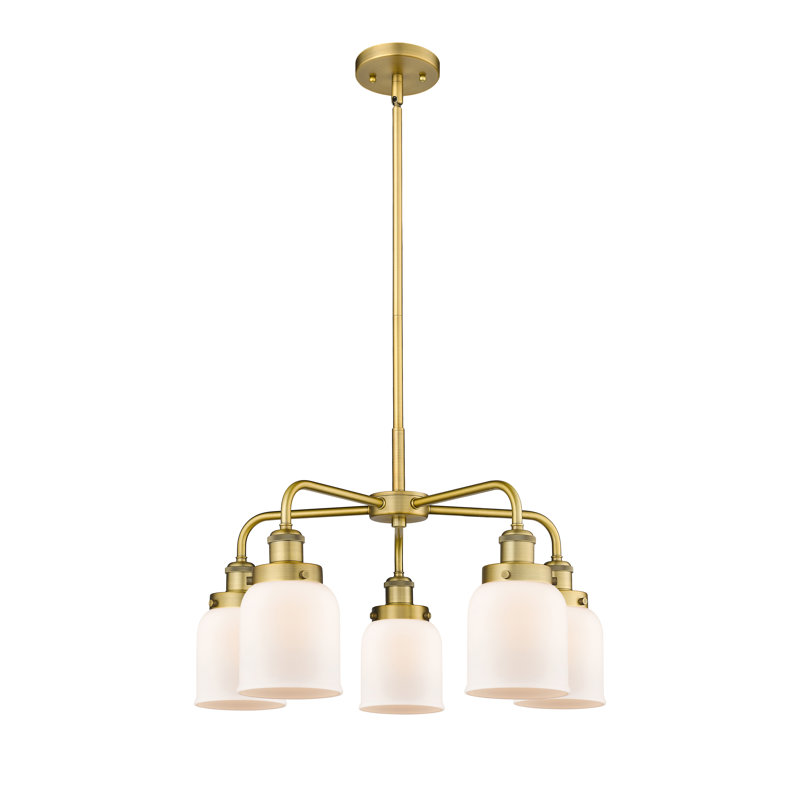 Lustre en verre à 5 lumières Bell, Blanc mat, Laiton brossé