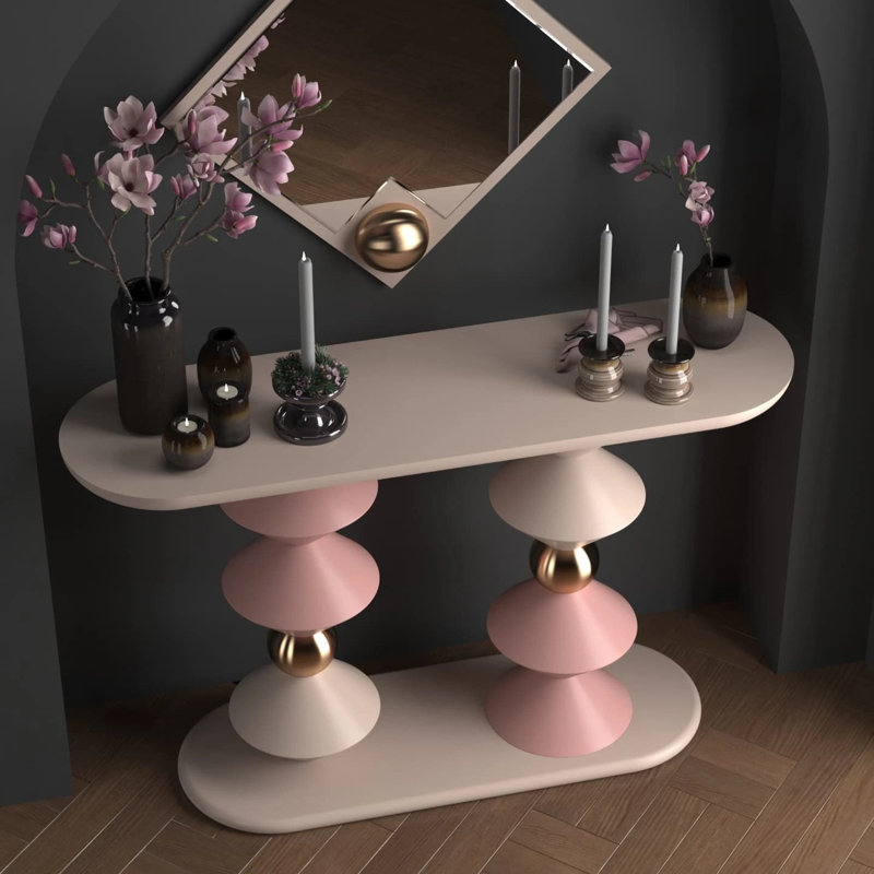 Console de hall d'entrée en bois massif Minimalist Modern, H 33,5 po x l 55,1 po x P 11,8 po, Blanc / Rose