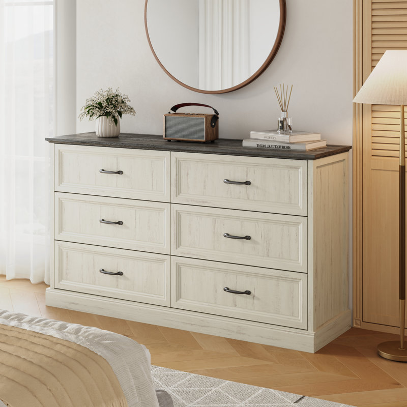 Hava Farmhouse 6 White Drawer Dresser for Bedroom, 55" Double Dresser & Chest of Living Room, TV Stand, White