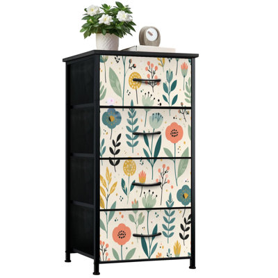 Commode pour la chambre à coucher avec 4 tiroirs de rangement Fantaisie florale aux couleurs vives Commodes au design moderne Commode en acier avec cadre en tissu pour vestibule