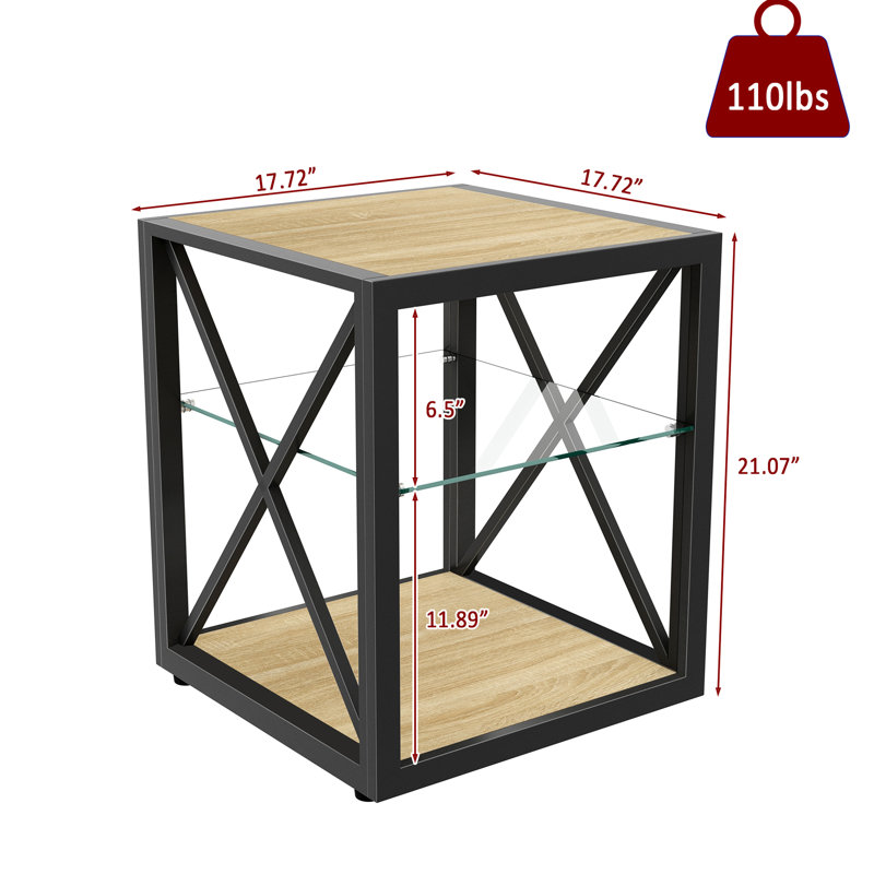 Table de bout de table de chevet de style industriel pour chambre à coucher et salon, plateau en bois de verre trempé naturel, système de rangement efficace à 3 niveaux pour économiser de l'espace