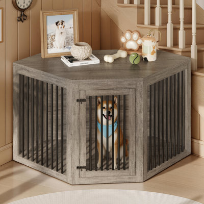 Aletza Single Corner Dog Crate Unit, Furniture Style Kennel, Gray