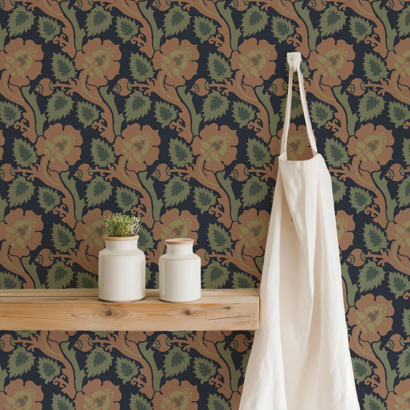 Paisley Briar - Cypress Green Botanical Wallpaper, Black; Red; Green, Faux Grasscloth, Non-Pasted