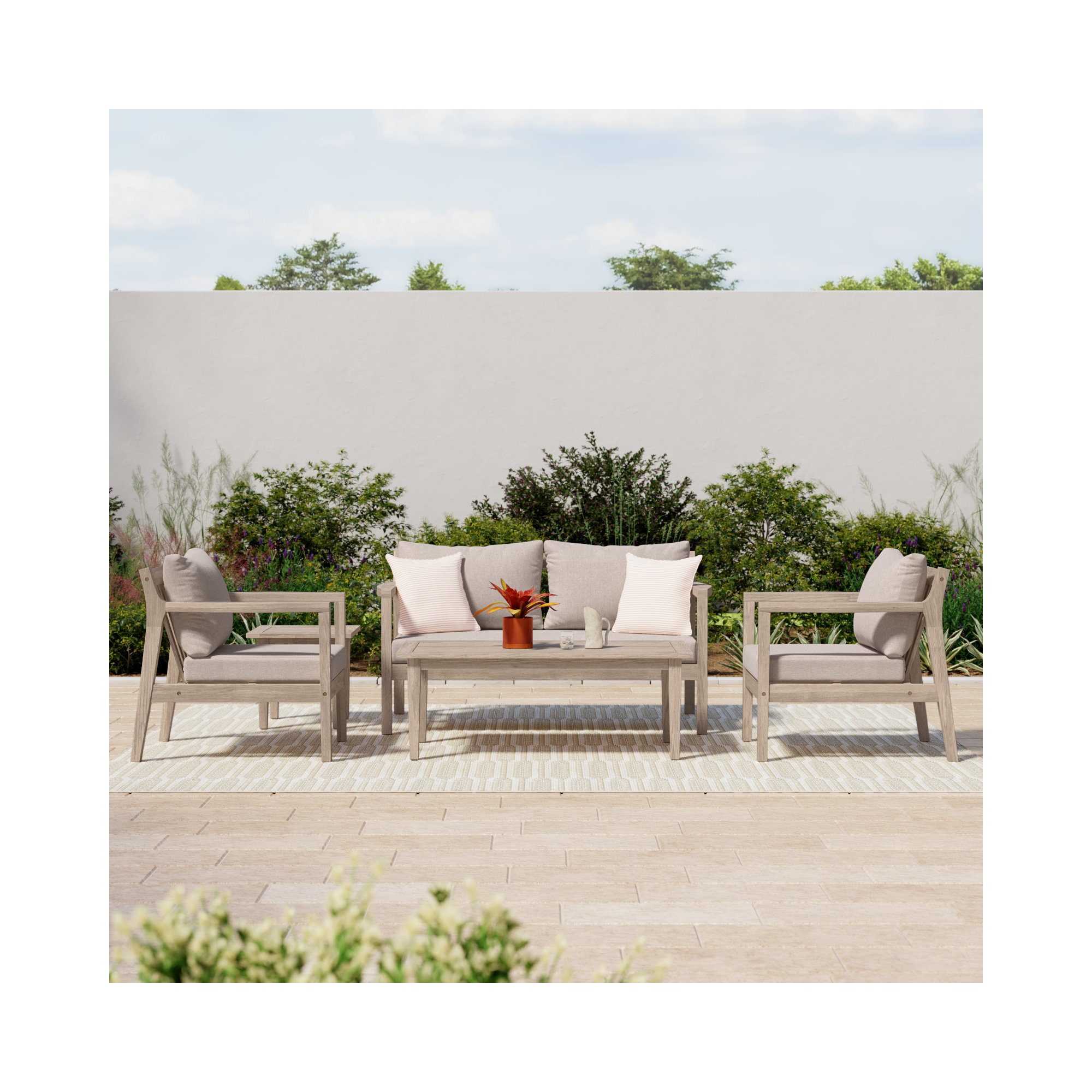 Amina 5 Piece Outdoor Acacia Sofa Seating Group with Cushions, Beige