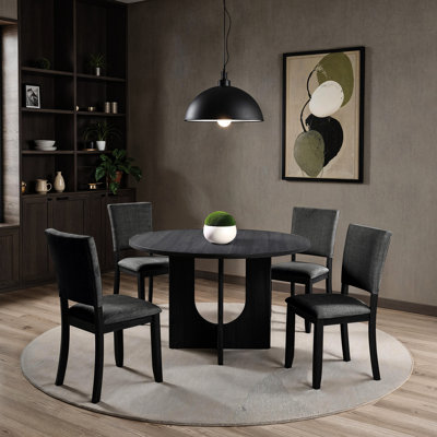 Ensemble de salle à manger transitionnel 5 pièces avec une table ronde et quatre chaises rembourrées gris foncé pour un espace social