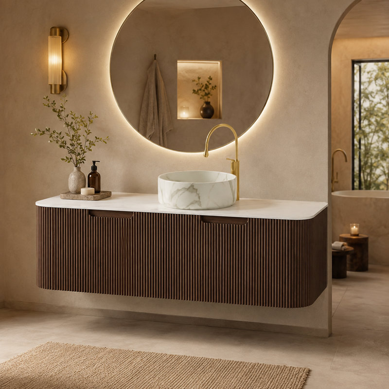 Meuble-lavabo flottant 48 po avec lavabo vasque rond en céramique ORVICA, plateau en pierre frittée d'aspect Carrare, armoire à 2 tiroirs cannelée et rangement à fermeture en douceur