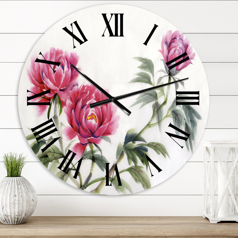 Trois pivoines rétro - horloge murale traditionnelle, Moyenne