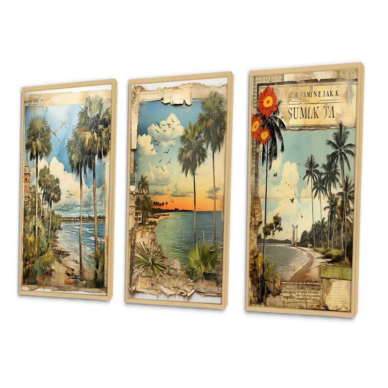 Florida Beach Wall Art, ensemble de 3 pièces sur toile - Collage de palmiers de Floride rétro et plage II, H 28 po x l 36 po