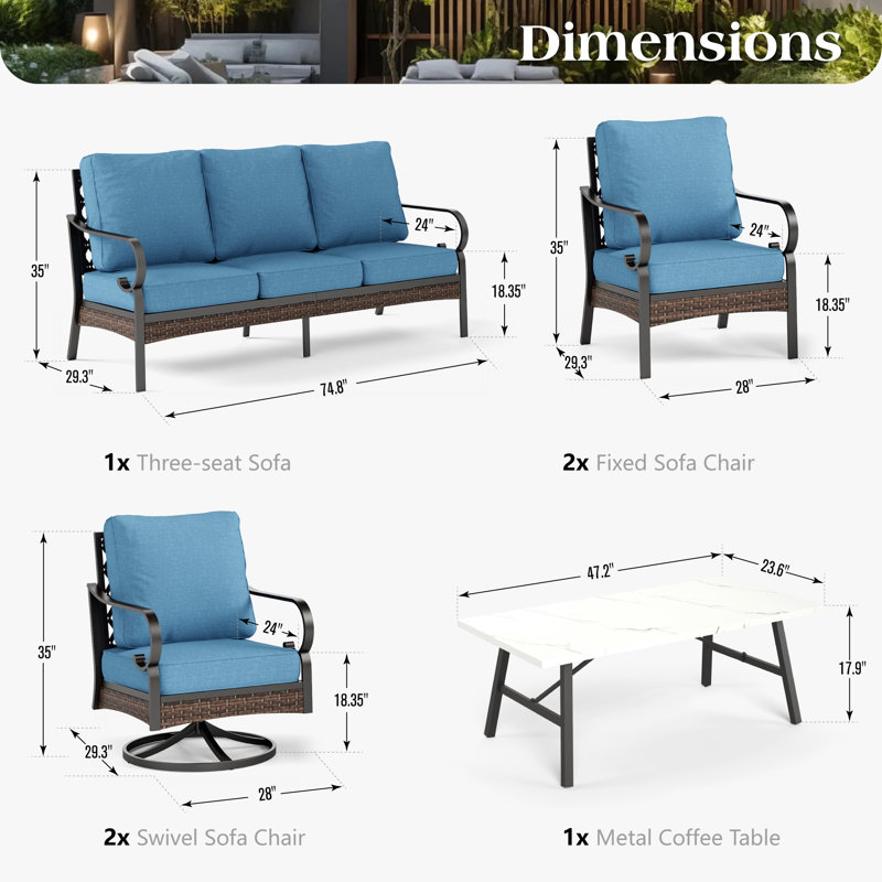 7 - Person Outdoor Patio Conversation Set With 2 Swivel Lounge Chairs, Denim Blue