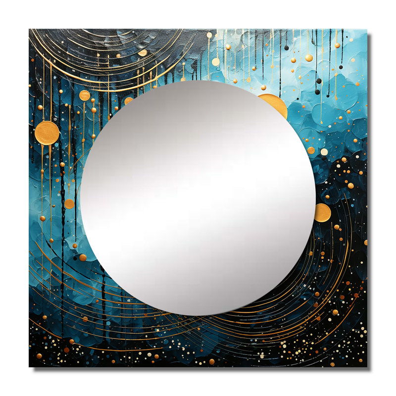 Grand miroir carré bleu à motif de lune VI abstrait - collage abstrait, 29 po x 29 po