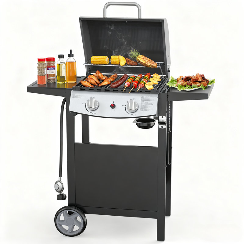 R.W.FLAME 2-Burner 20,000BTU Stainless Steel Propane Grill - Black, W/ Cover, Wheels & Thermometer - Outdoor BBQ
