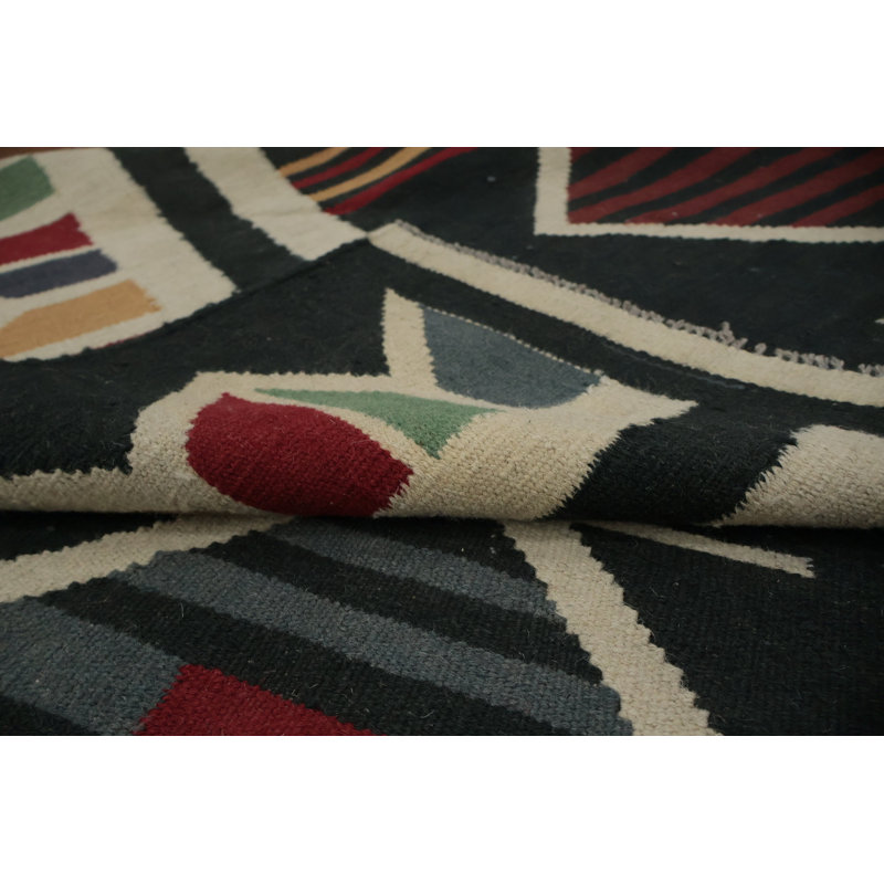 Tapis noir en laine à motif géométrique kilim 8 x 11