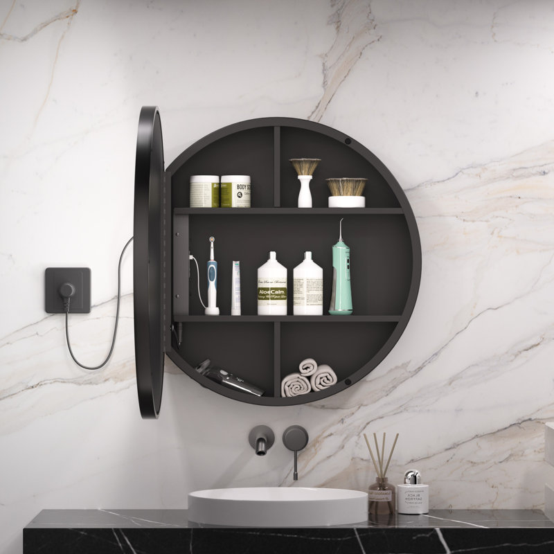 Gervon Lighted Surface Framed Round Medicine Cabinet Mirror Adjustable Shelf & AC Outlets, 30" H x 30" W x 4.7" D, Silver