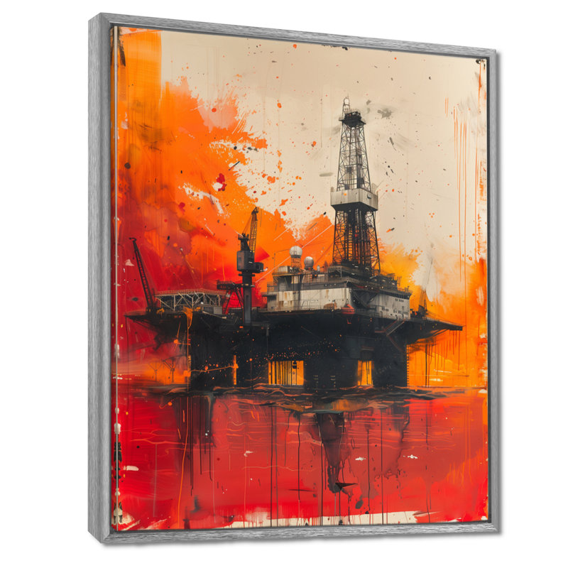 «Red Orange Oil Rig Sunrise Rodeo II», reproduction d'art sur toile, Toile argentée avec cadre flottant