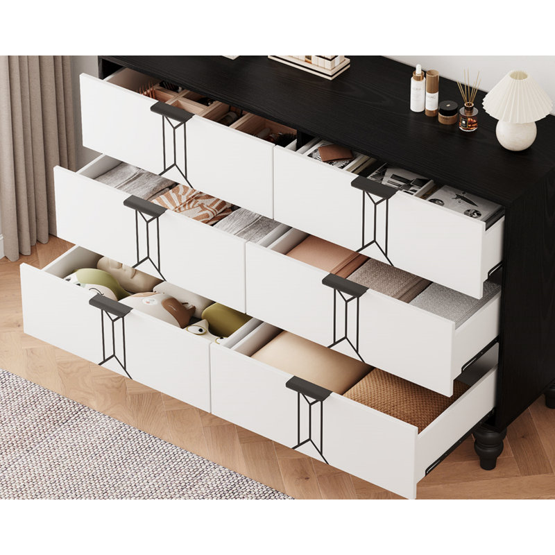 Commode 6 tiroirs pour chambre à coucher, Blanc/Noir