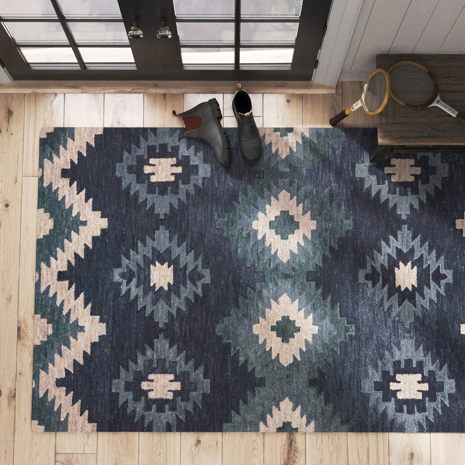 Doretta Blue Hand-Tufted Geometric Wool Rug, Rectangle 8' x 10'