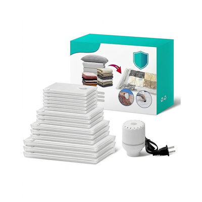 Lot de 15 sacs de rangement sous vide en 5 tailles différentes, avec pompe électrique. Sacs de compression hermétiques à double fermeture éclair, pinces de fermeture et valve unidirectionnelle. Fabriqués en PA et PE haute densité.