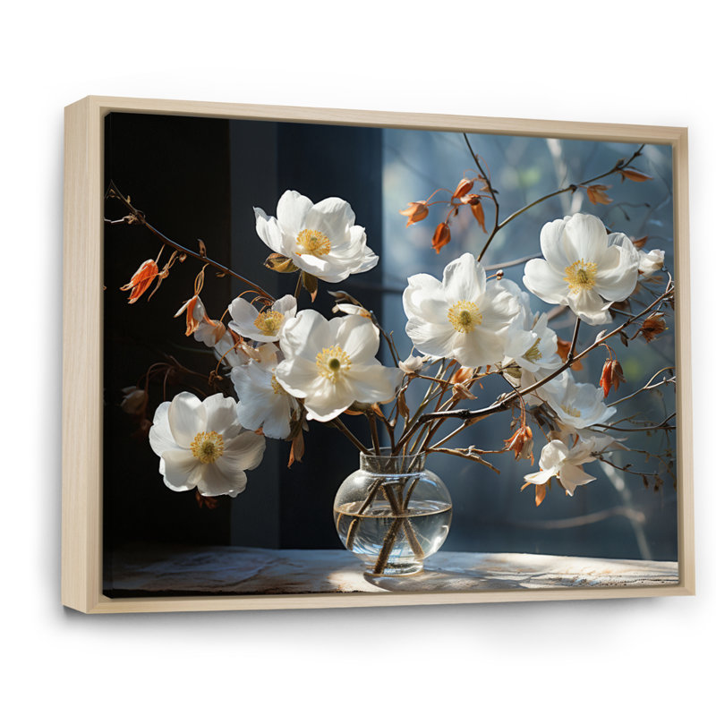 «White Yellow Dogwood Stillife», reproduction d'art sur toile, H 24 po x l 32 po x P 1 po, Cadre naturel flottant