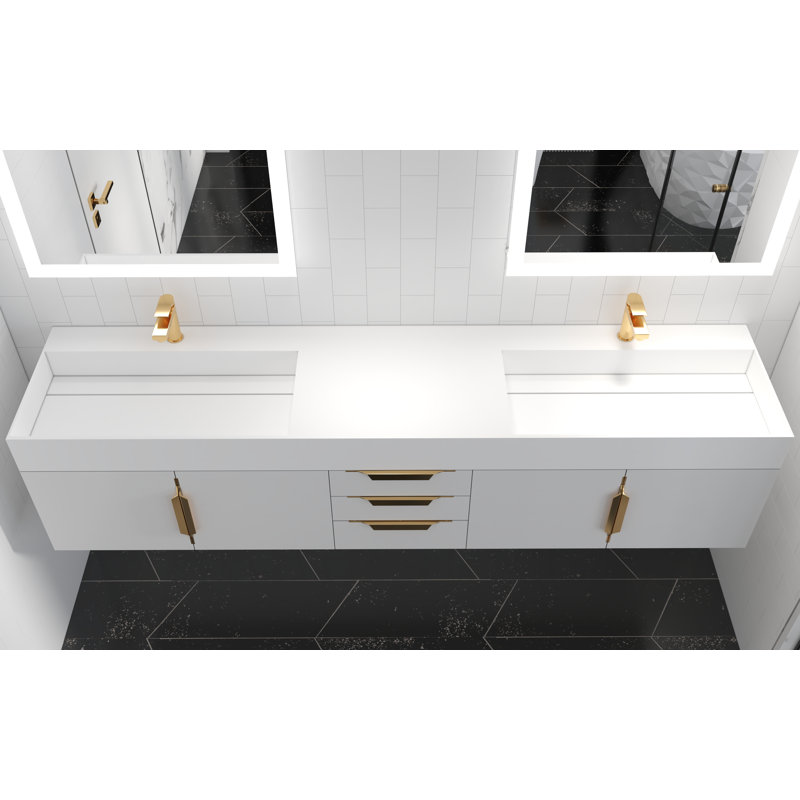 84" Amazon Double Bathroom Vanity with Top, White, Gold, White
