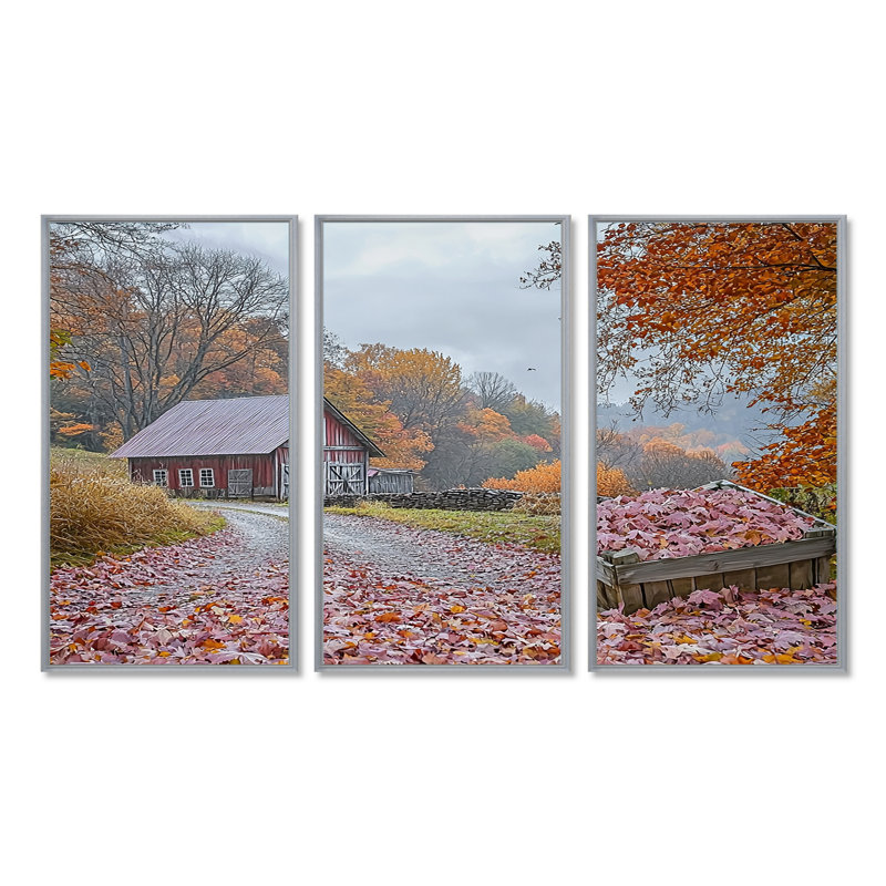 «Red Farm Landscape Autumn Harvest - Ensemble de salon d'art mural de ferme, Toile argentée avec cadre flottant