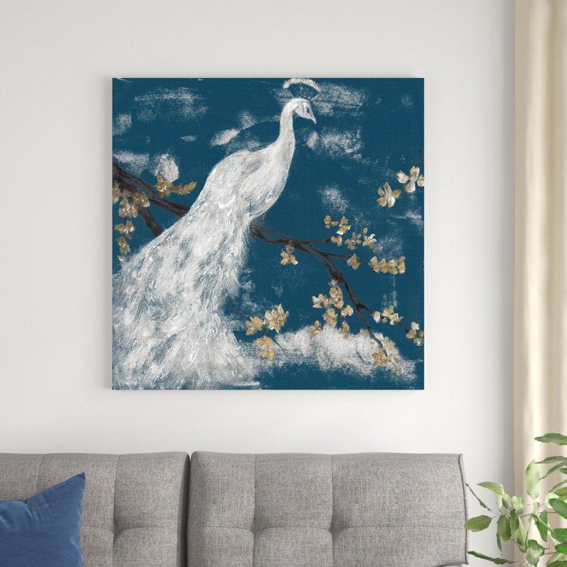 Paon blanc sur indigo I, H 36 po x l 36 po