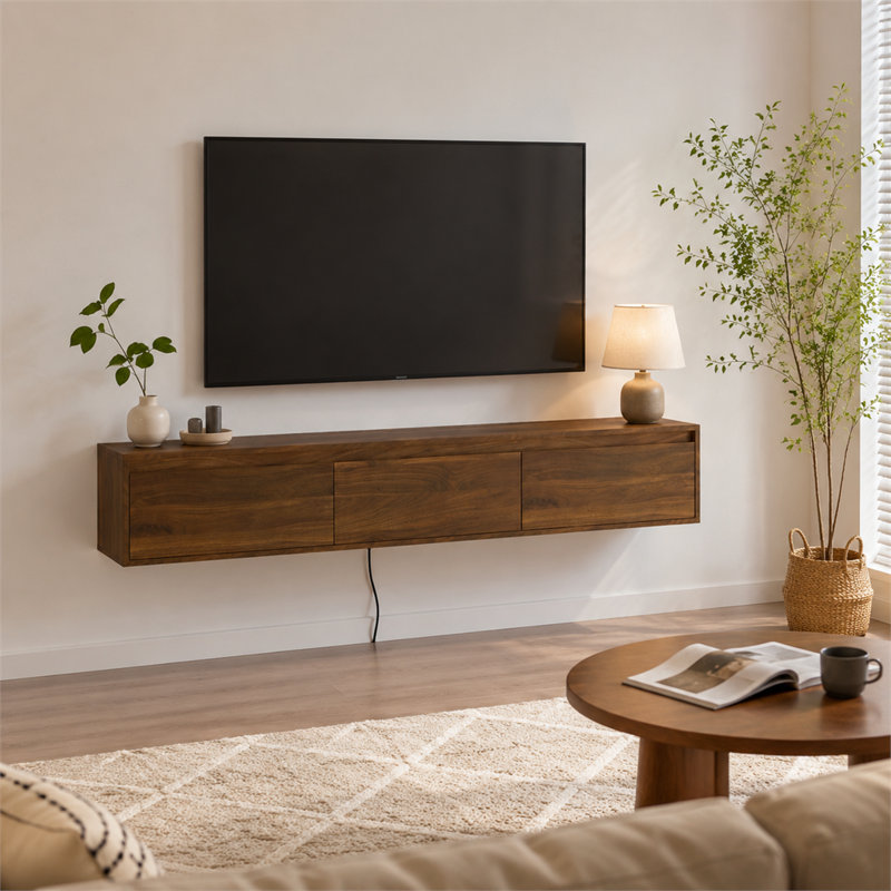 Meuble télé flottant mural en bois de 11,08 po de hauteur équipé de lumières DEL décoratives et de prises de courant, Brun