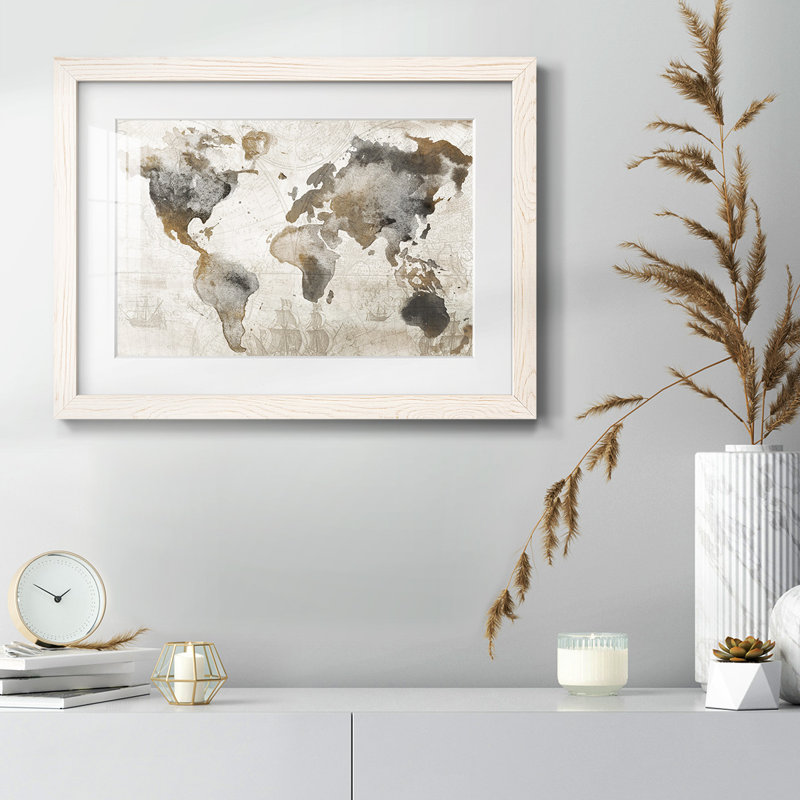 Carte antique encadrée sur papier, Blanc, H 26 po x l 38 po x P 1,5 po