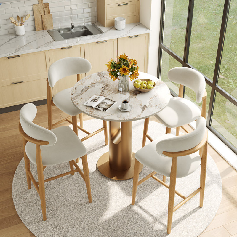 35" Round Counter Height Dining Table - Small Space Kitchen, Glossy Pandora Sintered Stone Top, Bronze Metal Base, Compact Breakfast Nook Table, Easy To Clean
