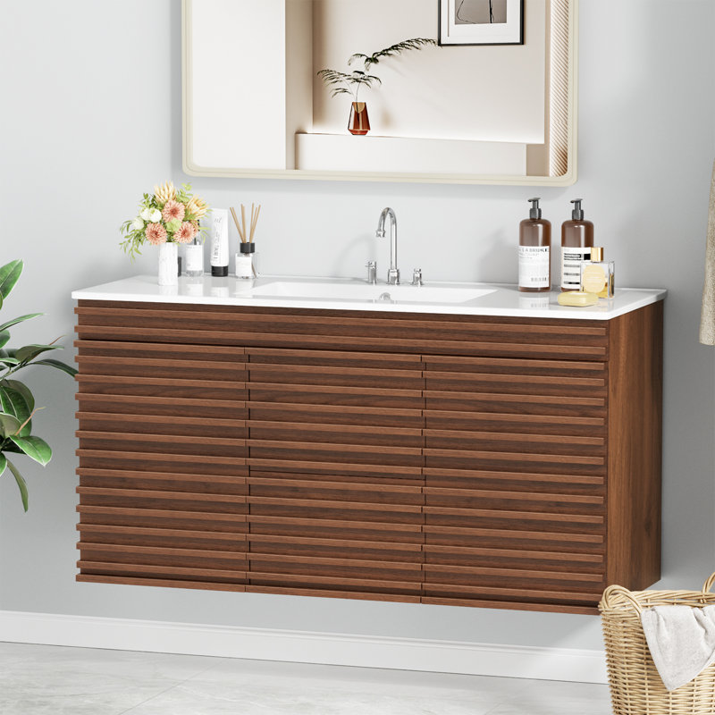 Wall-mount Walnut  Bathroom Vanity With Sink, 48"
