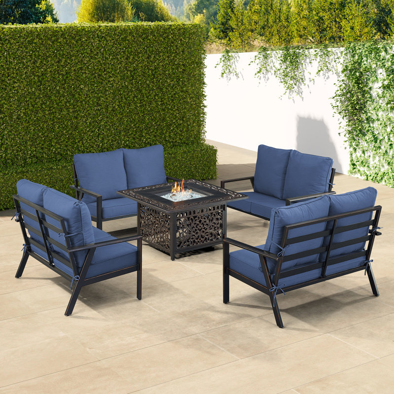 Ensemble de table de foyer en aluminium noir avec quatre causeuses profondes, Bleu