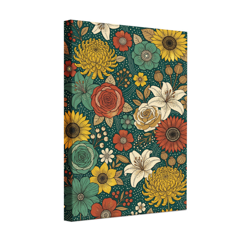 Motif floral de plantes et de fleurs aux couleurs vives et aux fleurs variées, H 36 po x l 24 po