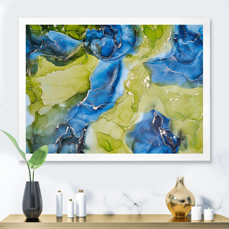 «Blue and Green Luxury Abstract Fluid», peinture sur toile, H 16 po x l 32 po x P 1 po, Cadre photo blanc