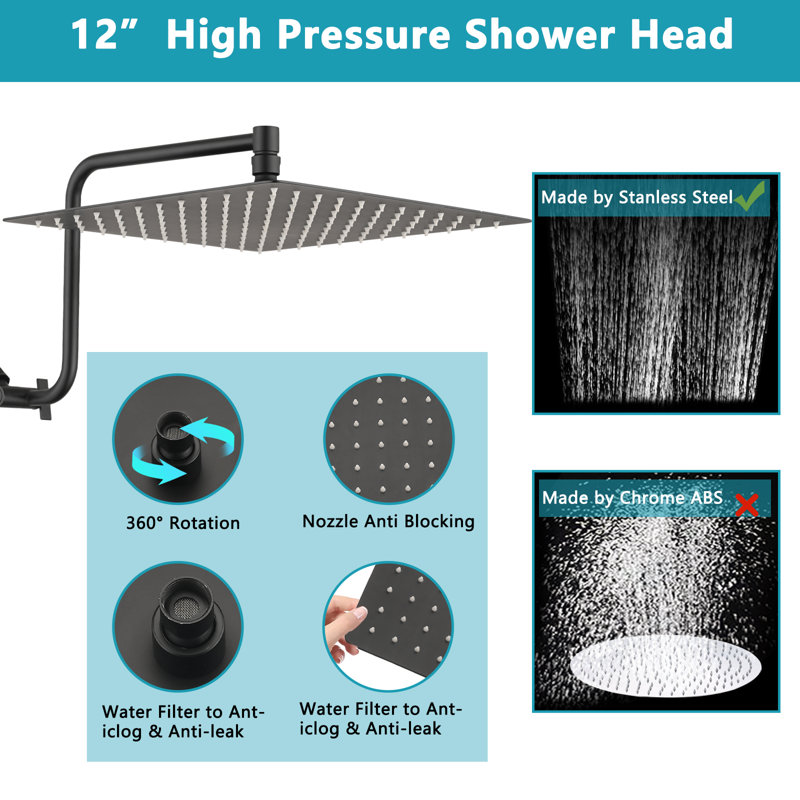 12 Inch Adjustable Extension Arm High-pressure Rain Shower Head, Matte Black