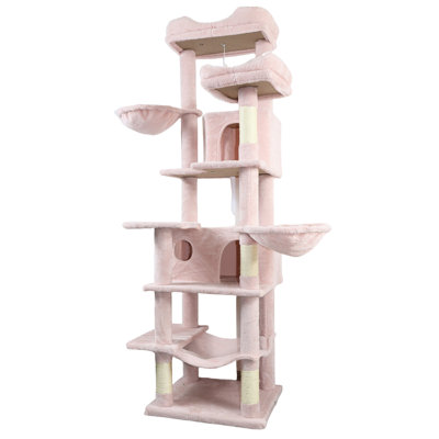 68 po, haut, rose, multi-niveaux, arbre à chat, 6 aires de jeu à niveau, coussins amovibles confortables, poteaux à griffer enveloppés, relaxant, grand arbre rose avec poteaux pour chats