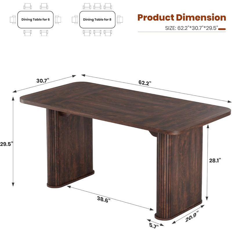 62 Inch Table - Set for 6-8 People, Wooden Kitchen Table with Grille Design, Suitable for Home, Office, Living Room