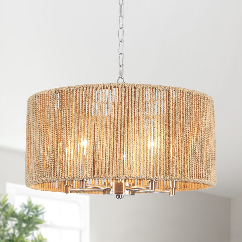 Caroyln 5 - Light 19.25" Dimmable Drum Boho Chandelier Hand-Woven Rattan Pendant for Living Room Kitchen Entryway Hallway Foyer