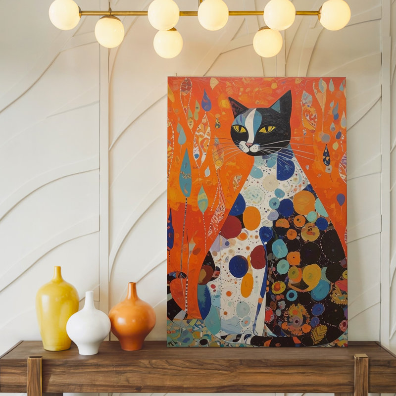 Grand chat moderne abstrait félin stylisé avec des couleurs rétro sur toile, prêt à accrocher, de qualité supérieure