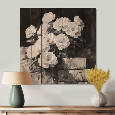 Monochrome Peonies On The Rock II - Peonies Wood Wall Art - On Natural Pine Wood