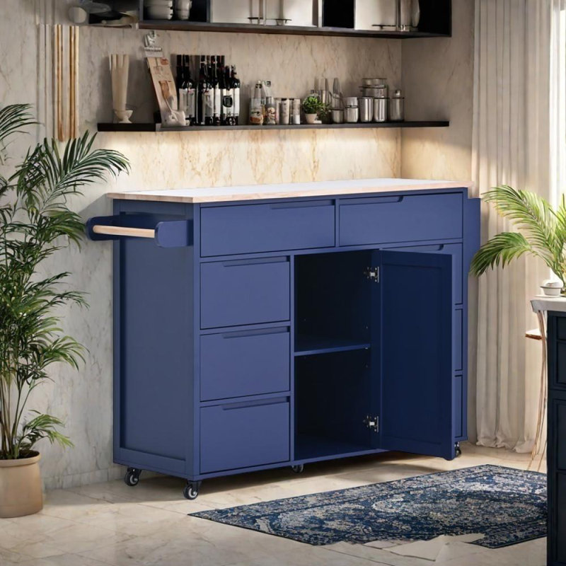 Chariot de cuisine avec comptoir en bois d'hévéa, Bleu