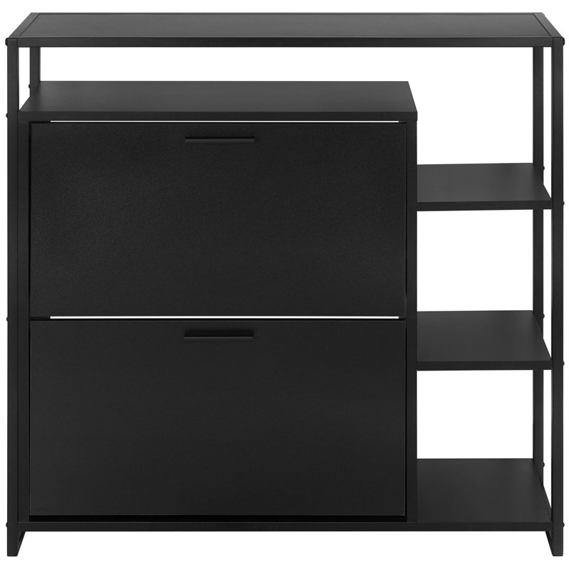 Armoire à chaussures étroite à 2 portes de 33 po x H 33,5 po avec 4 tablettes ouvertes et 2 tiroirs rabattables, rangement et cadre en métal noir