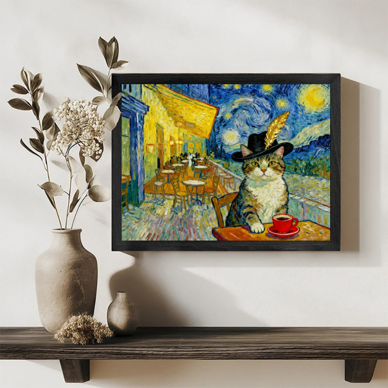 Reproduction d'art encadrée noire rétro élégante avec thés et chats, H 9 po x l 11 po
