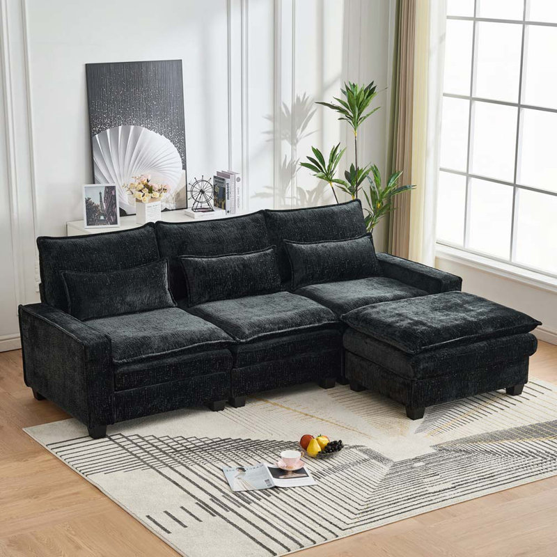 Canapé à assise profonde avec repose-pieds 99 po Chenille, Noir